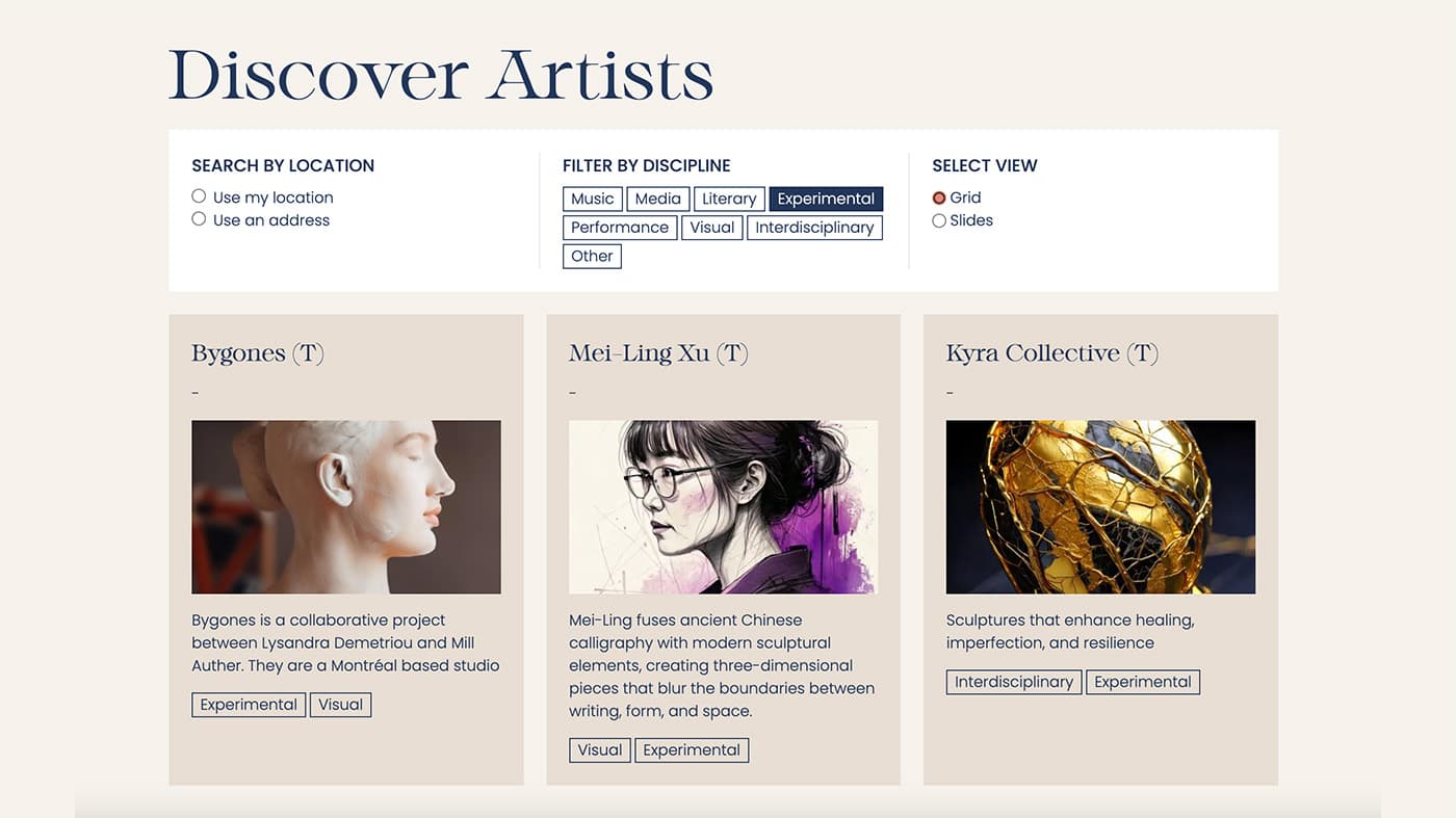 Artist discovery page with artist profile cards