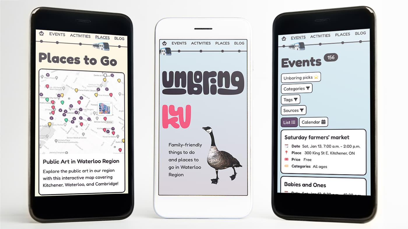 Three screens from Unboring KW: the home screen, the events screen, and a map of public art