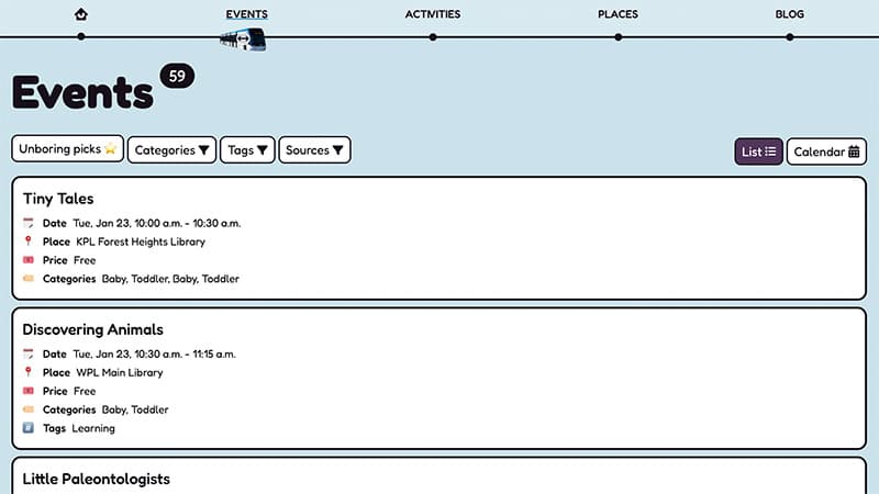 Screenshot of the events page